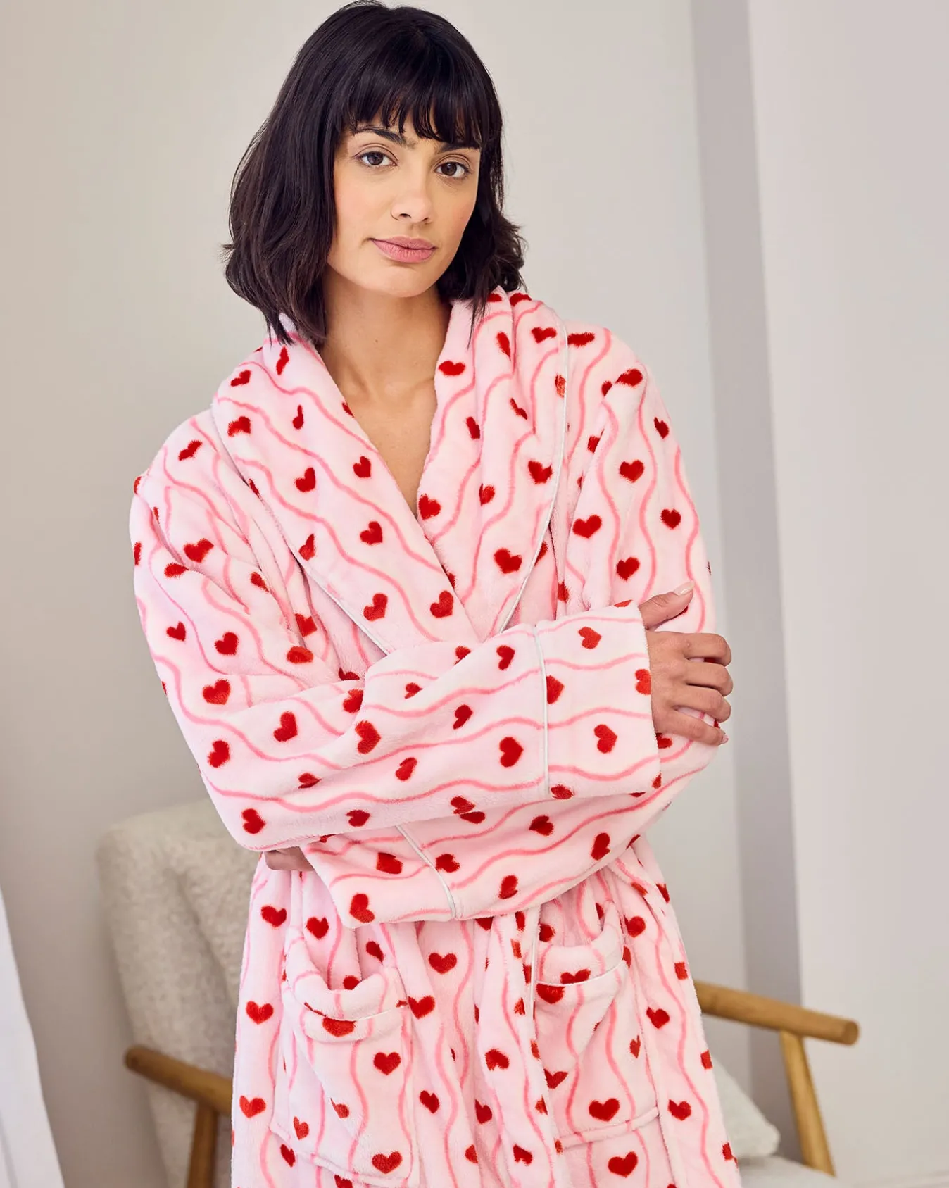 Fleece Wavy Stripe Heart Print Long Dressing Gown