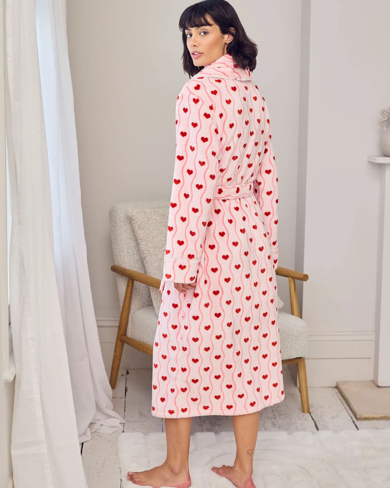 Fleece Wavy Stripe Heart Print Long Dressing Gown