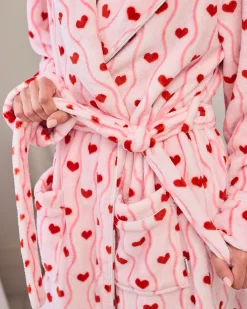 Fleece Wavy Stripe Heart Print Long Dressing Gown
