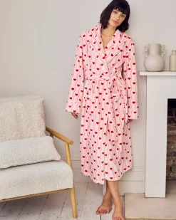 Fleece Wavy Stripe Heart Print Long Dressing Gown
