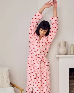 Fleece Wavy Stripe Heart Print Long Dressing Gown