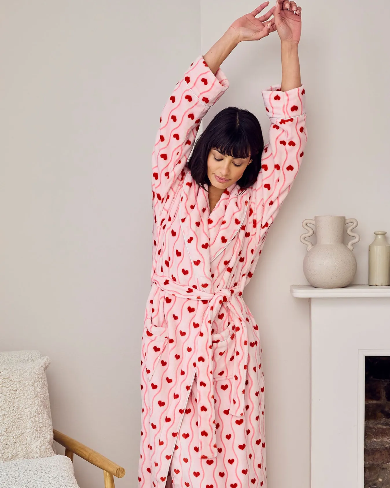 Fleece Wavy Stripe Heart Print Long Dressing Gown