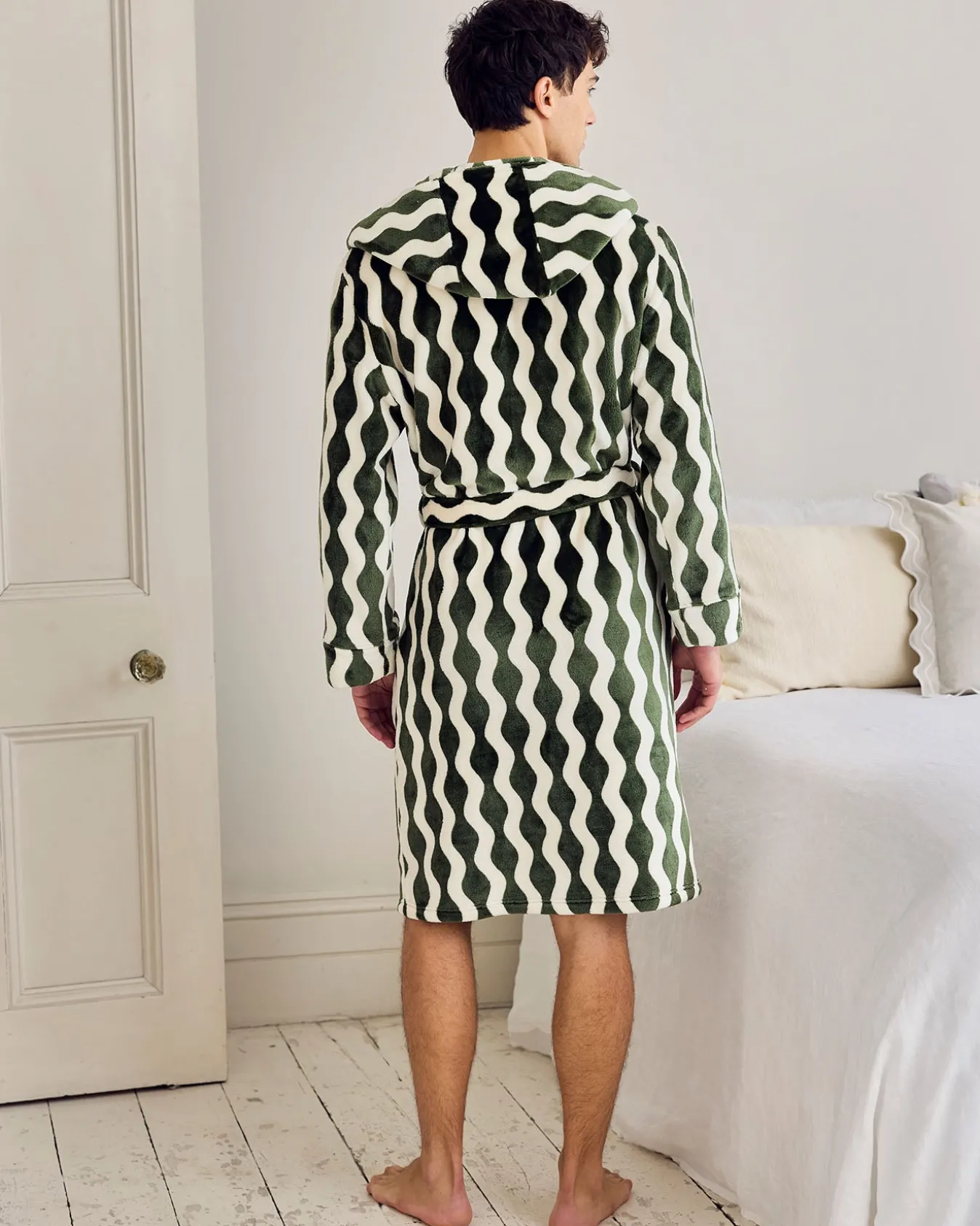 Fleece Wavy Stripe Hooded Dressing Gown