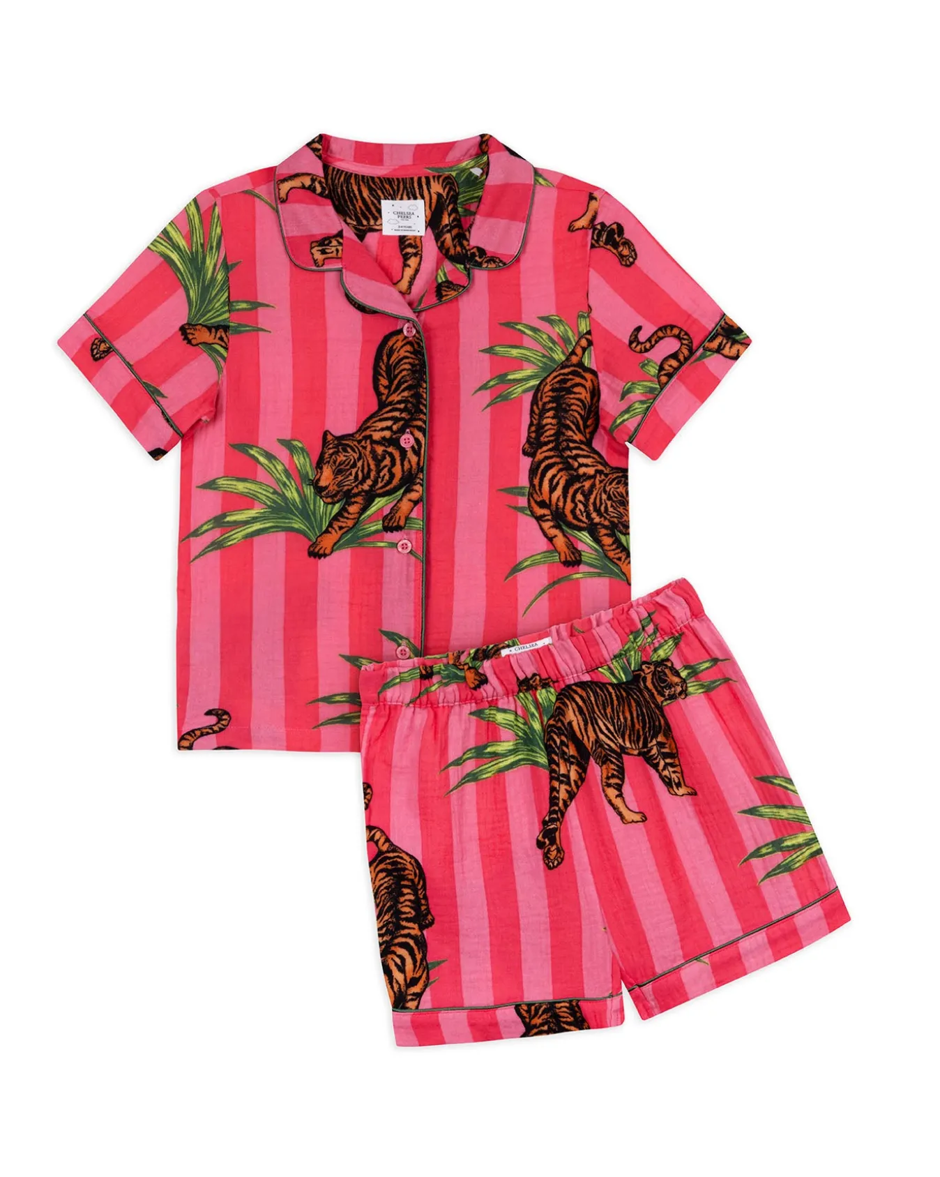 Kids Organic Cotton Cheesecloth Leaf Tiger Stripe Print Short Pyjama Set