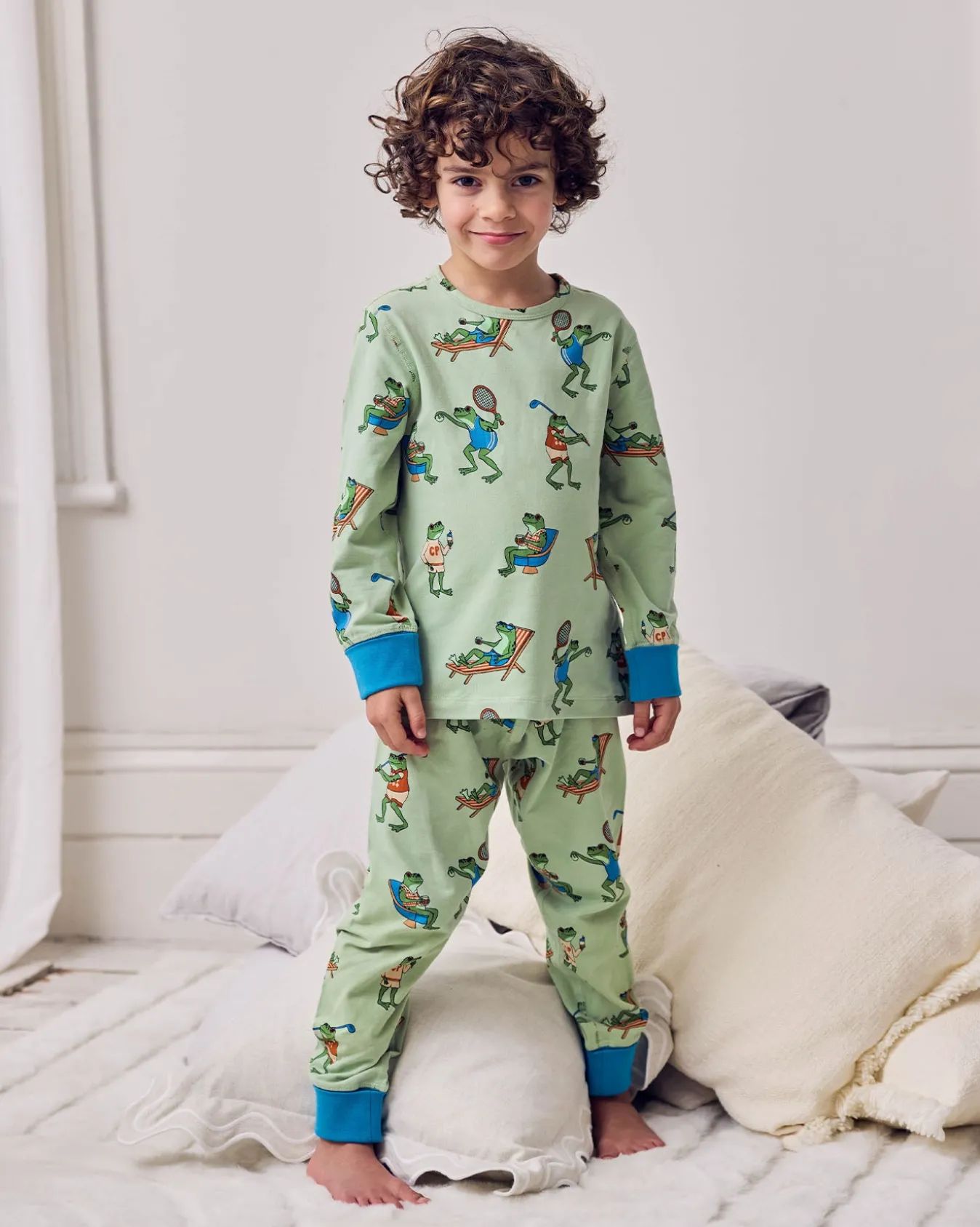 Kids Organic Cotton Sports Frogs Print Long Pyjama Set