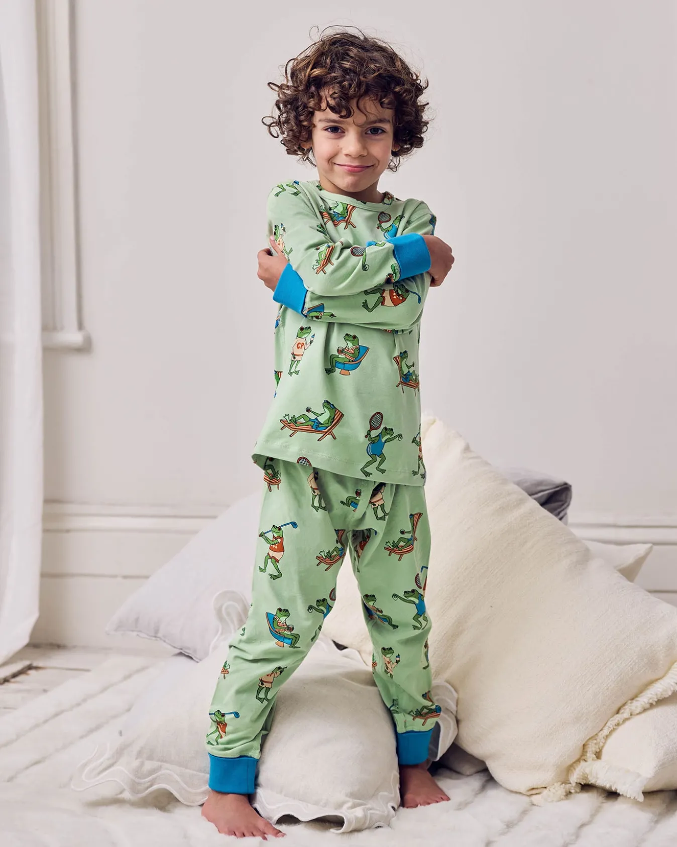 Kids Organic Cotton Sports Frogs Print Long Pyjama Set