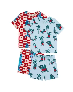 Kids Two Pack Organic Cotton Checkerboard Shark / Surfing Crocodile Print Short Pyjama Set