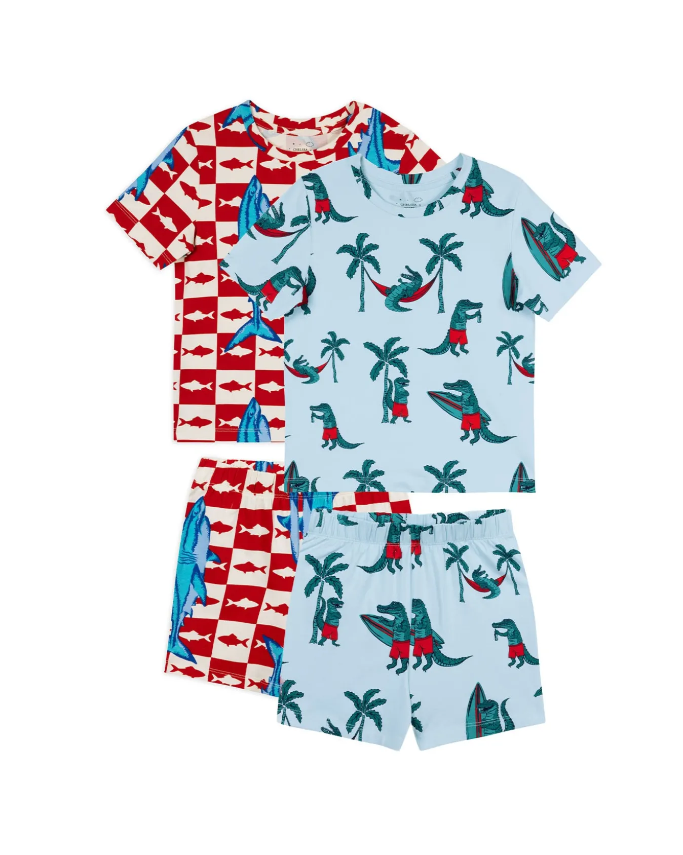 Kids Two Pack Organic Cotton Checkerboard Shark / Surfing Crocodile Print Short Pyjama Set