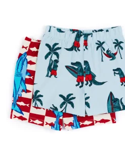 Kids Two Pack Organic Cotton Checkerboard Shark / Surfing Crocodile Print Short Pyjama Set
