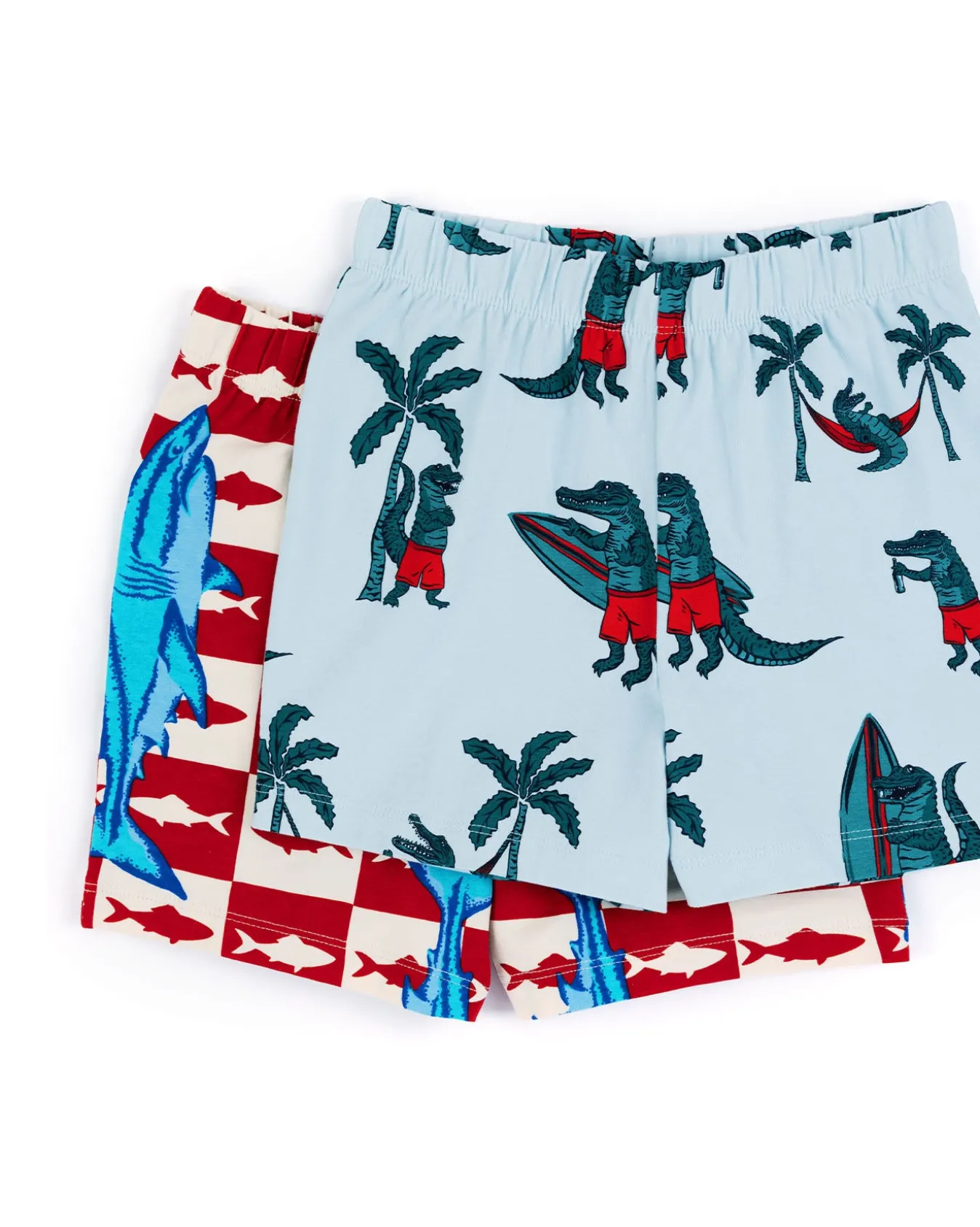 Kids Two Pack Organic Cotton Checkerboard Shark / Surfing Crocodile Print Short Pyjama Set