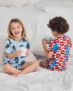 Kids Two Pack Organic Cotton Checkerboard Shark / Surfing Crocodile Print Short Pyjama Set