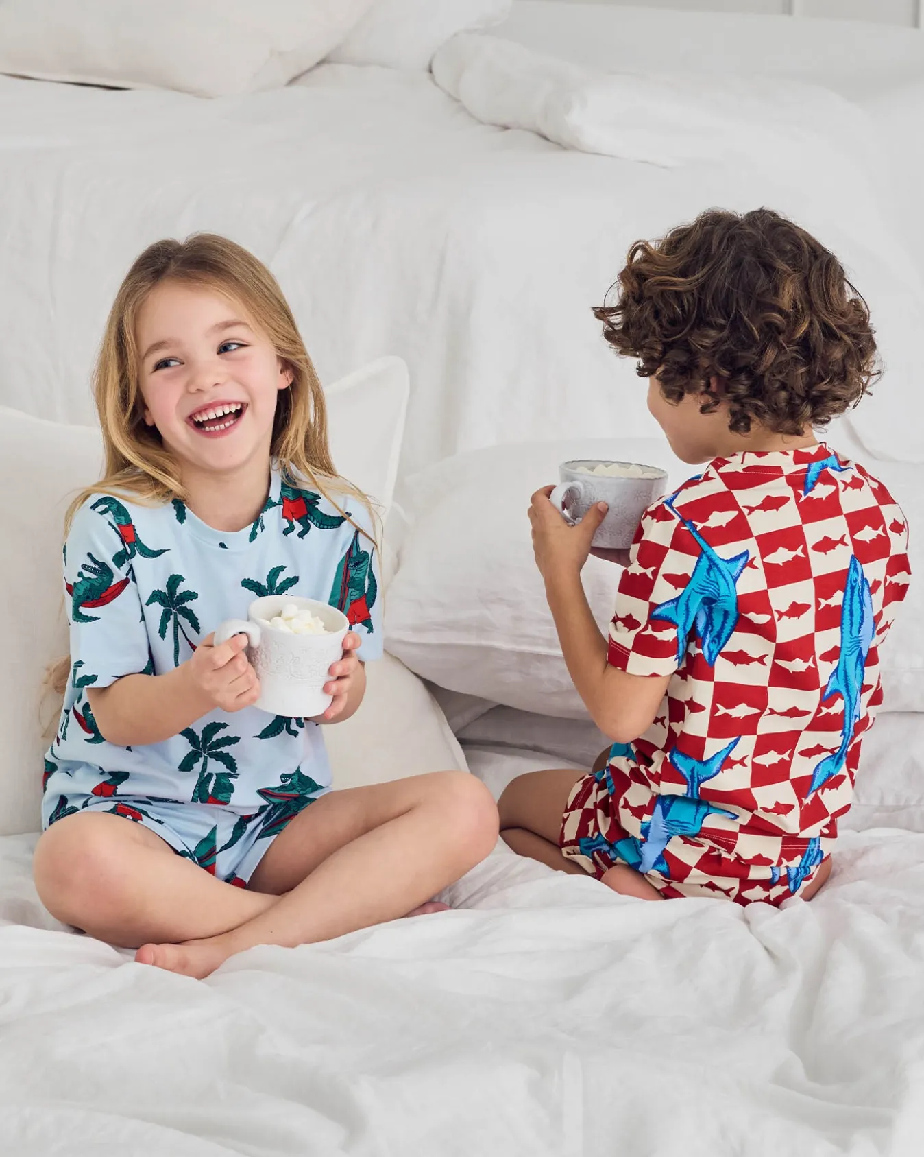 Kids Two Pack Organic Cotton Checkerboard Shark / Surfing Crocodile Print Short Pyjama Set