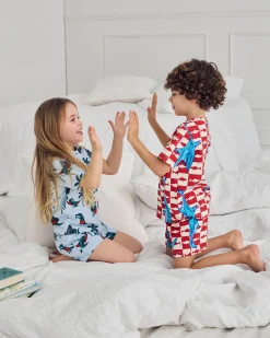 Kids Two Pack Organic Cotton Checkerboard Shark / Surfing Crocodile Print Short Pyjama Set