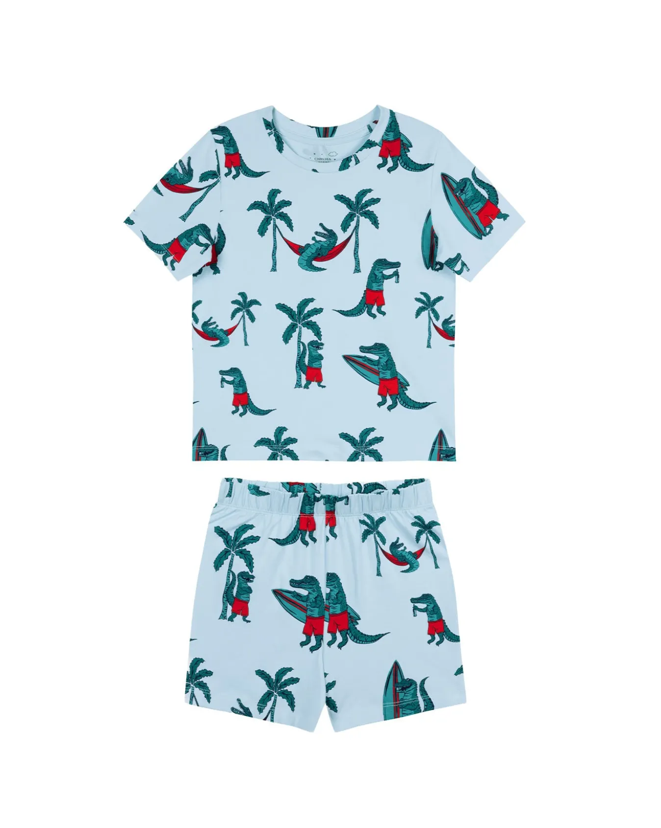 Kids Two Pack Organic Cotton Checkerboard Shark / Surfing Crocodile Print Short Pyjama Set