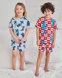 Kids Two Pack Organic Cotton Checkerboard Shark / Surfing Crocodile Print Short Pyjama Set
