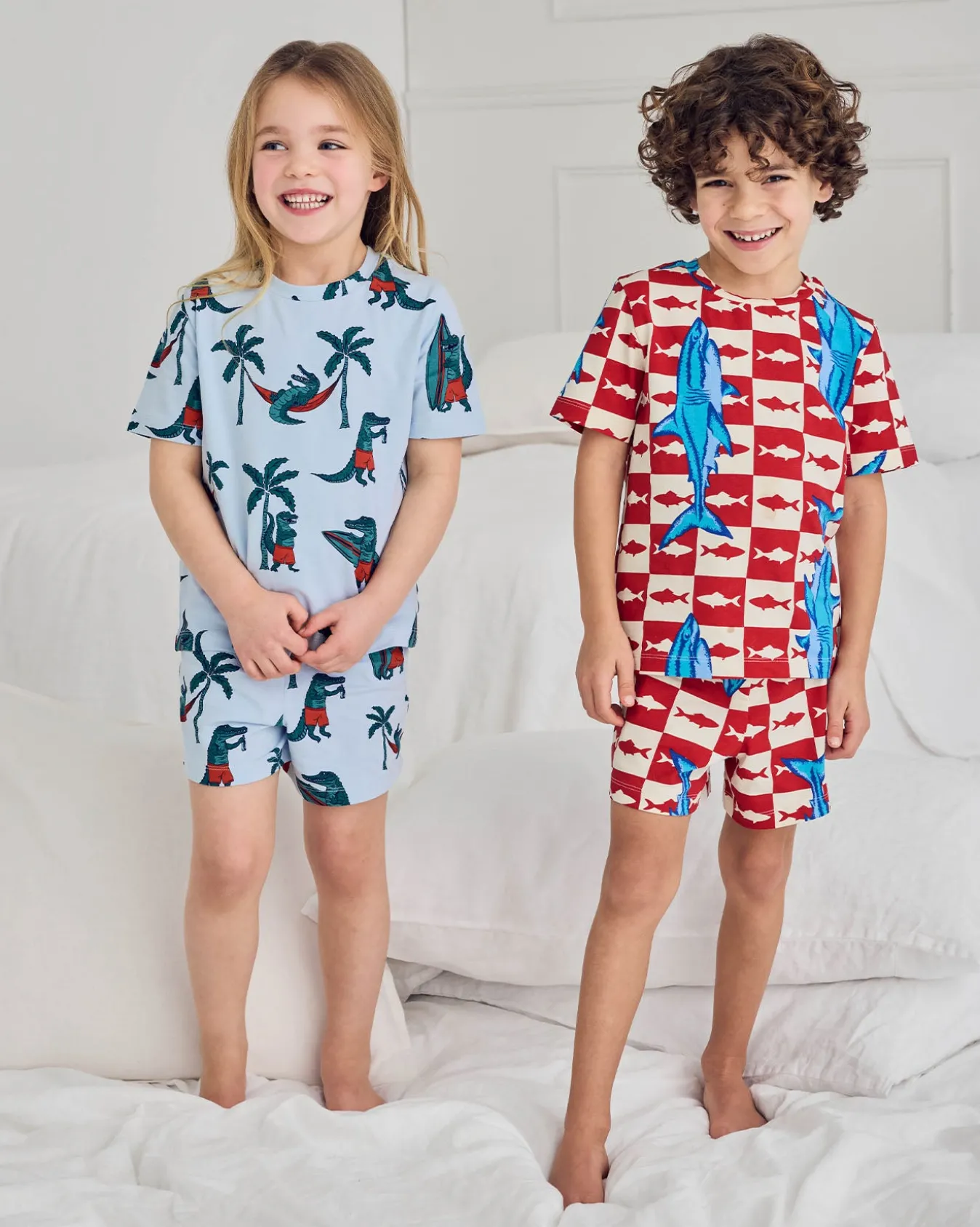 Kids Two Pack Organic Cotton Checkerboard Shark / Surfing Crocodile Print Short Pyjama Set