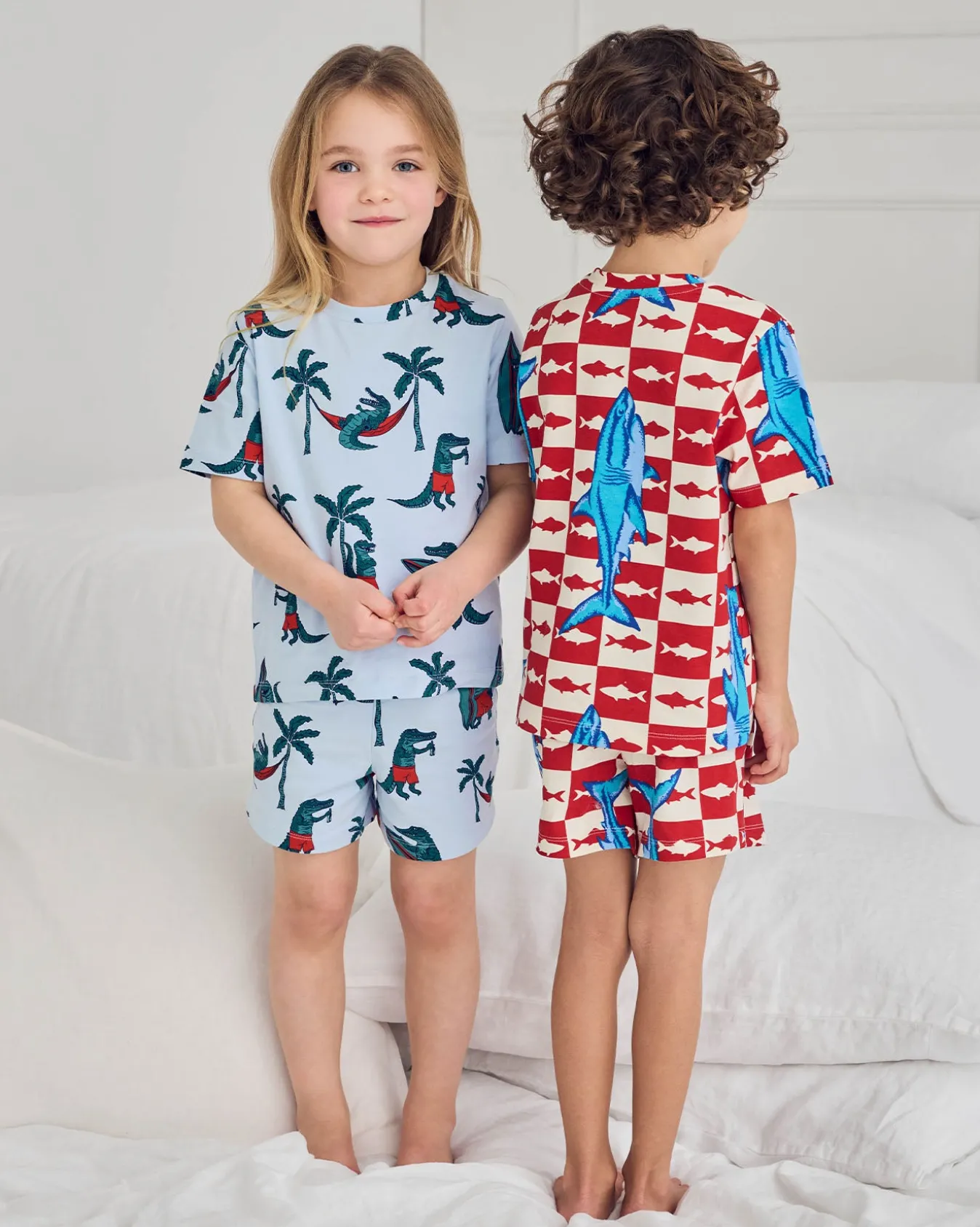 Kids Two Pack Organic Cotton Checkerboard Shark / Surfing Crocodile Print Short Pyjama Set