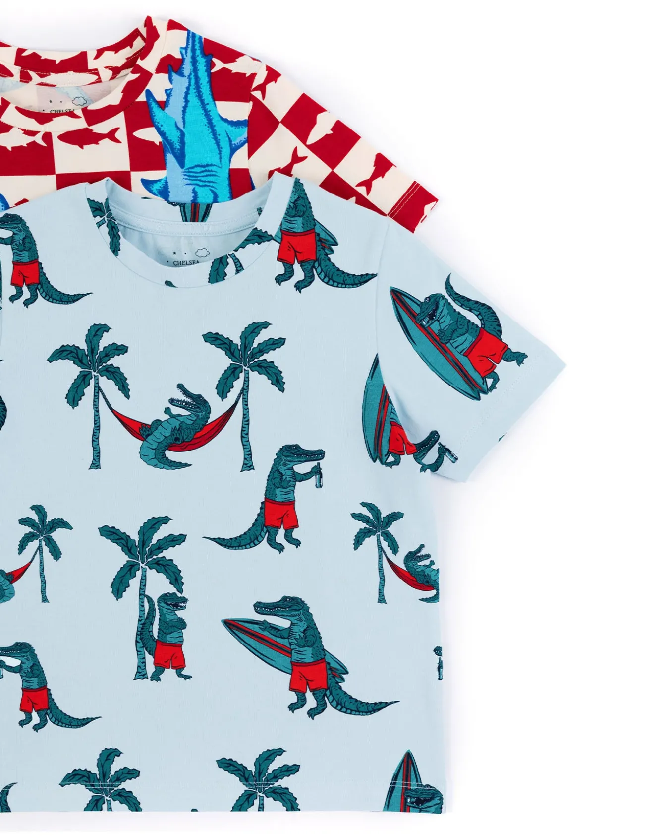Kids Two Pack Organic Cotton Checkerboard Shark / Surfing Crocodile Print Short Pyjama Set