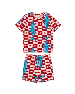 Kids Two Pack Organic Cotton Checkerboard Shark / Surfing Crocodile Print Short Pyjama Set