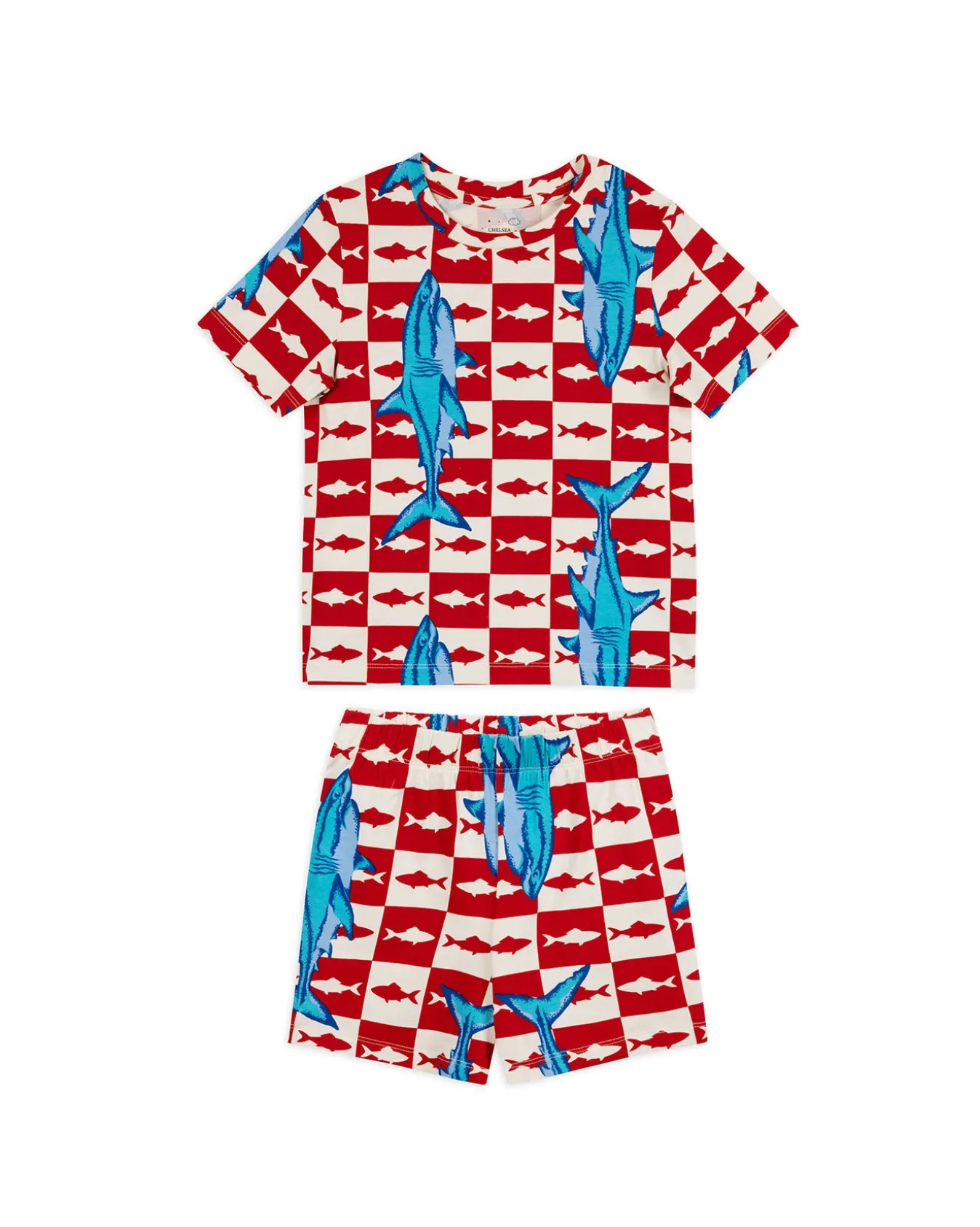 Kids Two Pack Organic Cotton Checkerboard Shark / Surfing Crocodile Print Short Pyjama Set