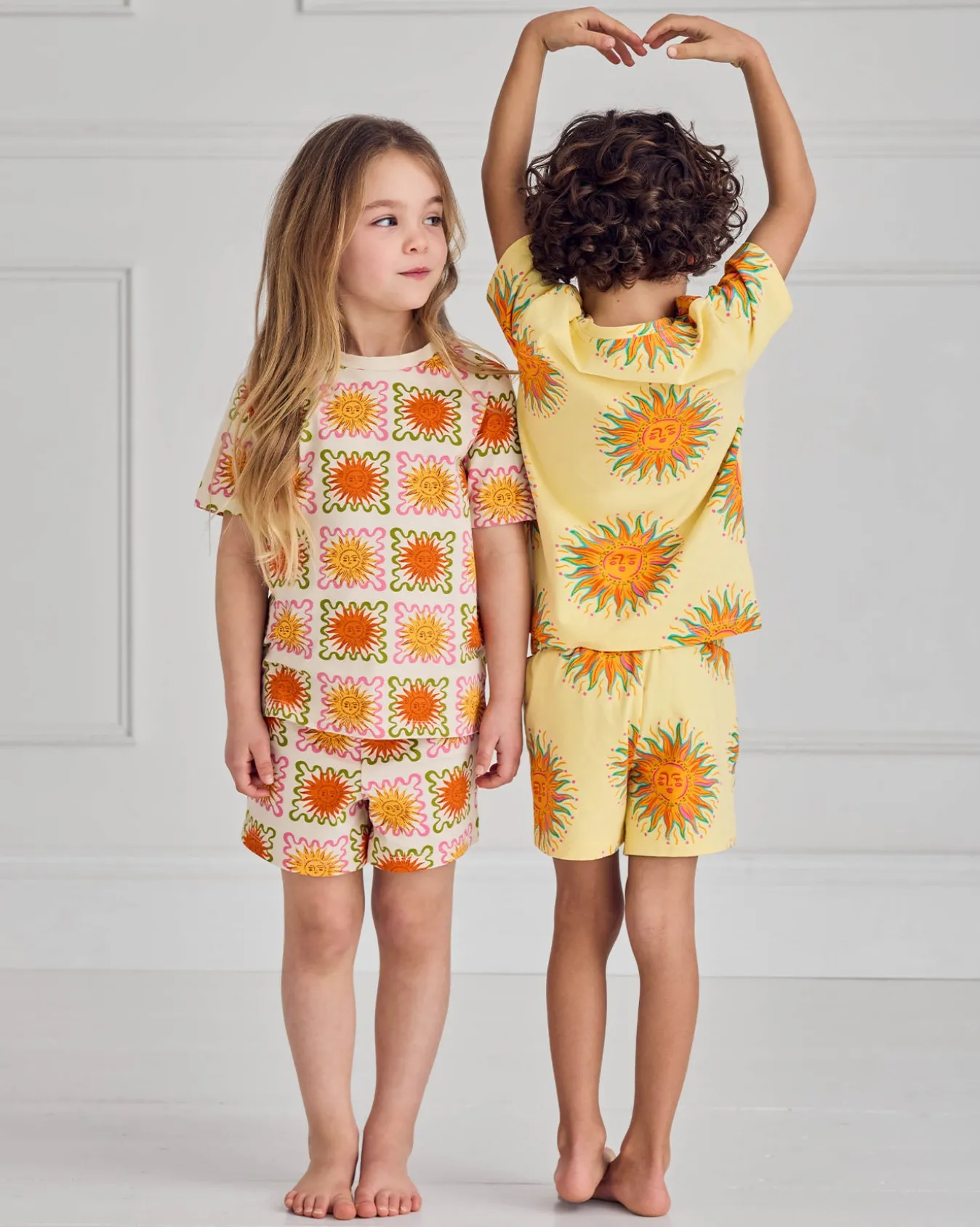 Kids Two Pack Organic Cotton Sun Print / Sunshine Tile Print Short Pyjama Set