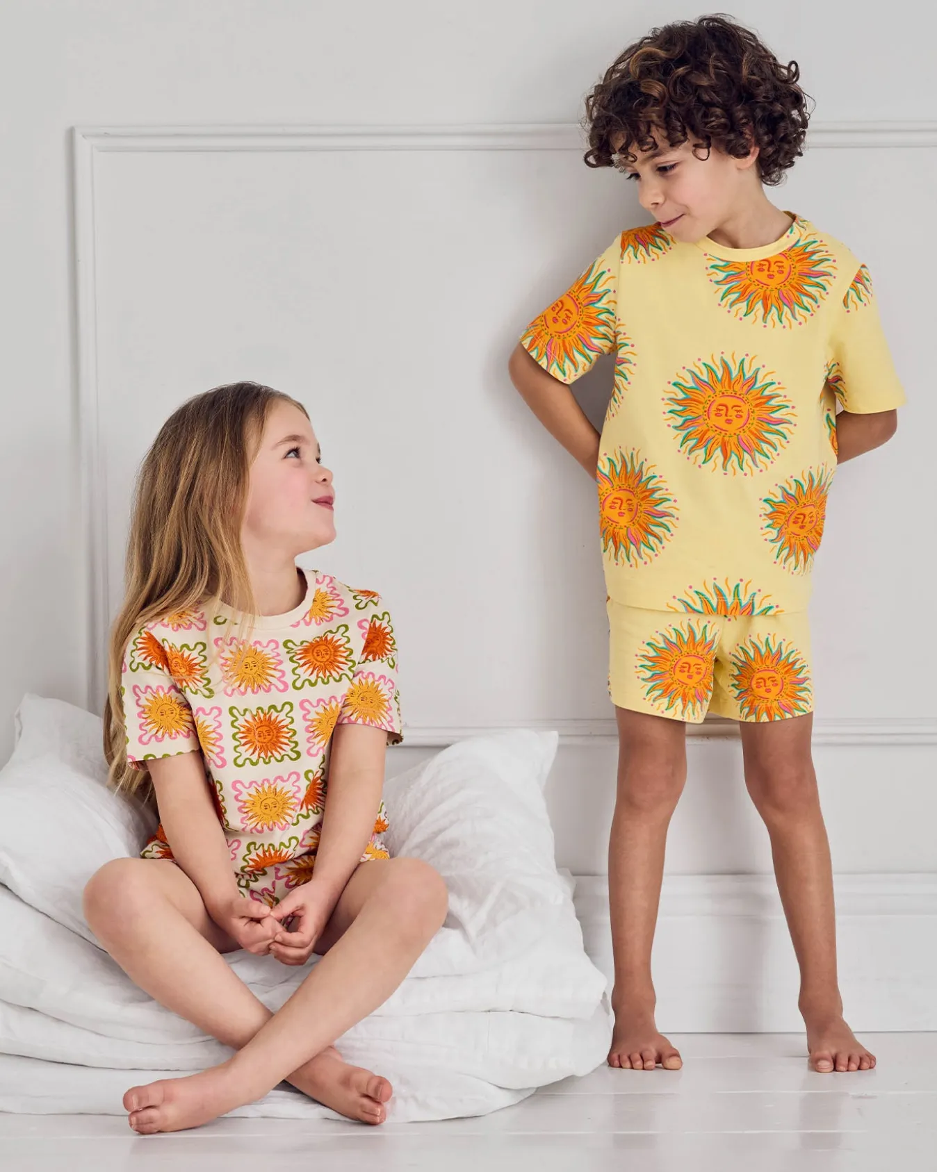 Kids Two Pack Organic Cotton Sun Print / Sunshine Tile Print Short Pyjama Set