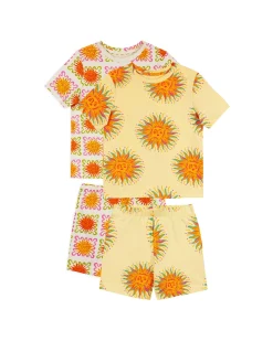 Kids Two Pack Organic Cotton Sun Print / Sunshine Tile Print Short Pyjama Set