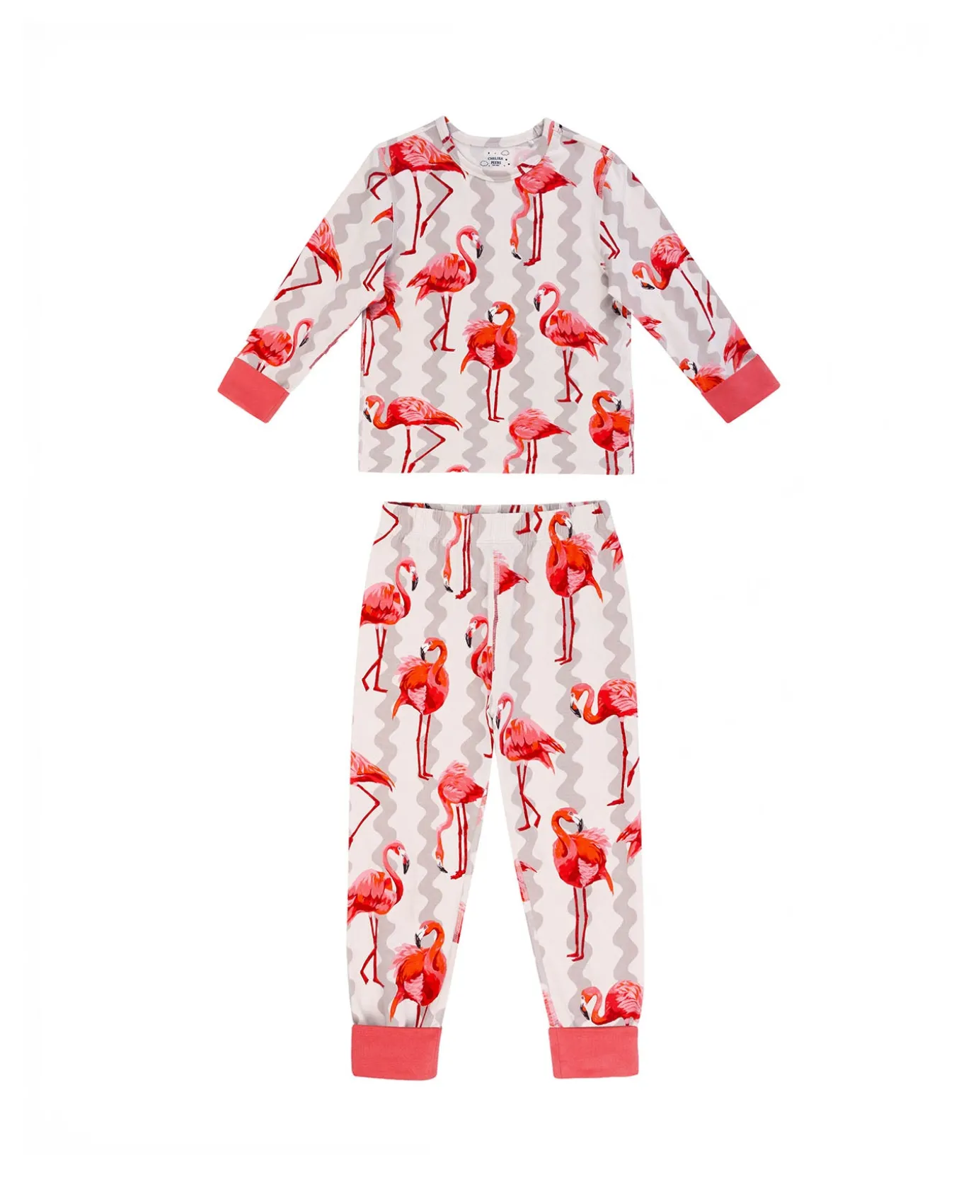 Kids Two Pack Organic Cotton Sunset Wavy / Flamingo Stripe Print Long Pyjama Set