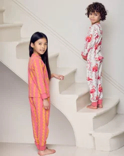 Kids Two Pack Organic Cotton Sunset Wavy / Flamingo Stripe Print Long Pyjama Set