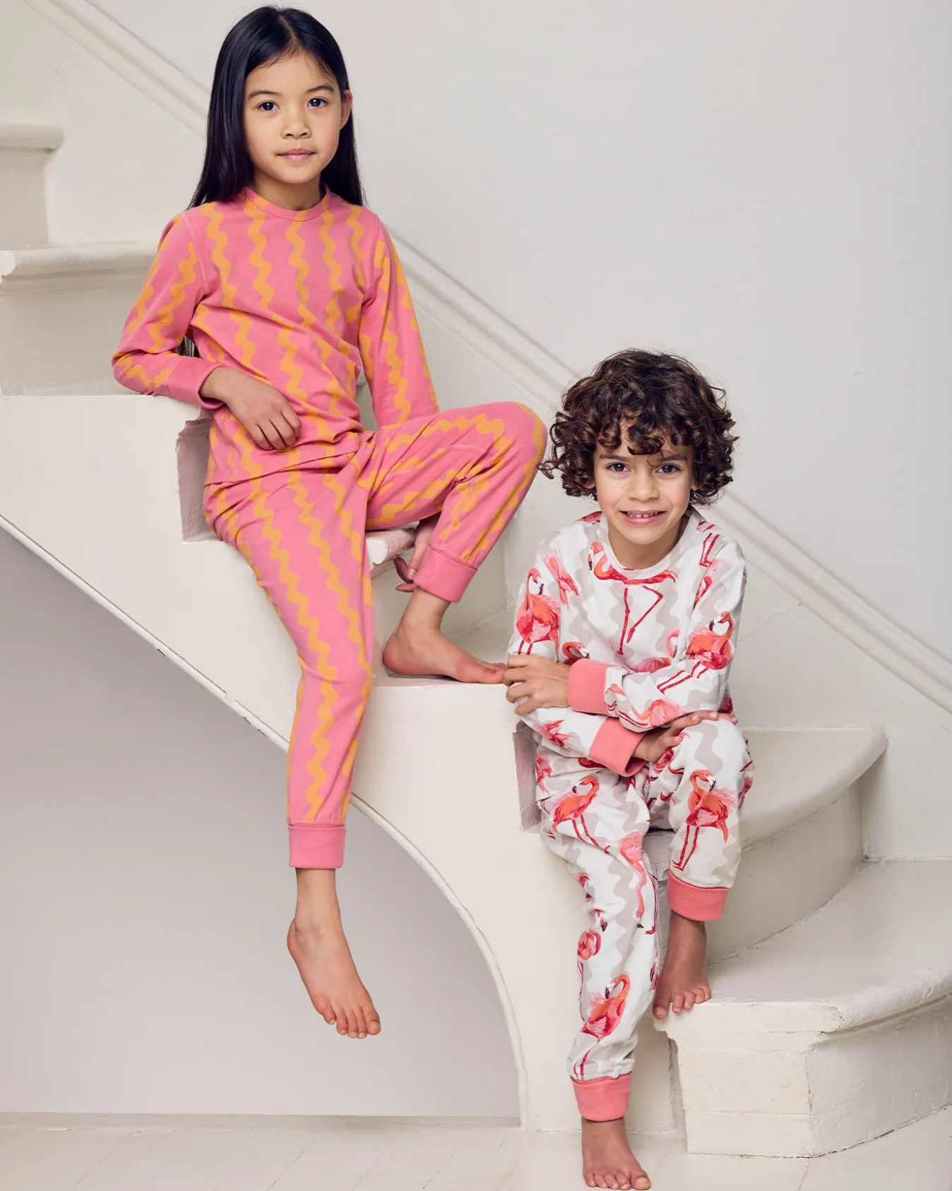Kids Two Pack Organic Cotton Sunset Wavy / Flamingo Stripe Print Long Pyjama Set