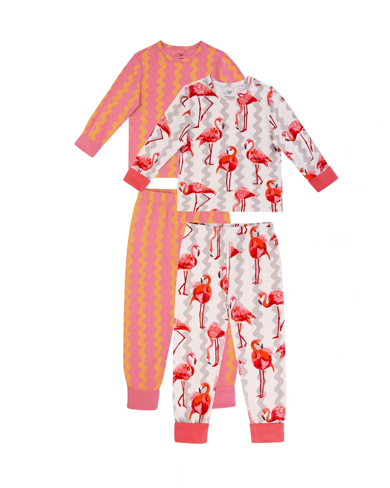 Kids Two Pack Organic Cotton Sunset Wavy / Flamingo Stripe Print Long Pyjama Set