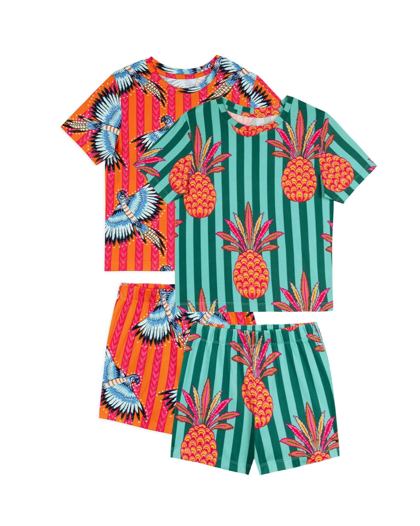 Kids Two Pack Parrot Stripe / Pineapple Stripe Print Short Pyjama Set