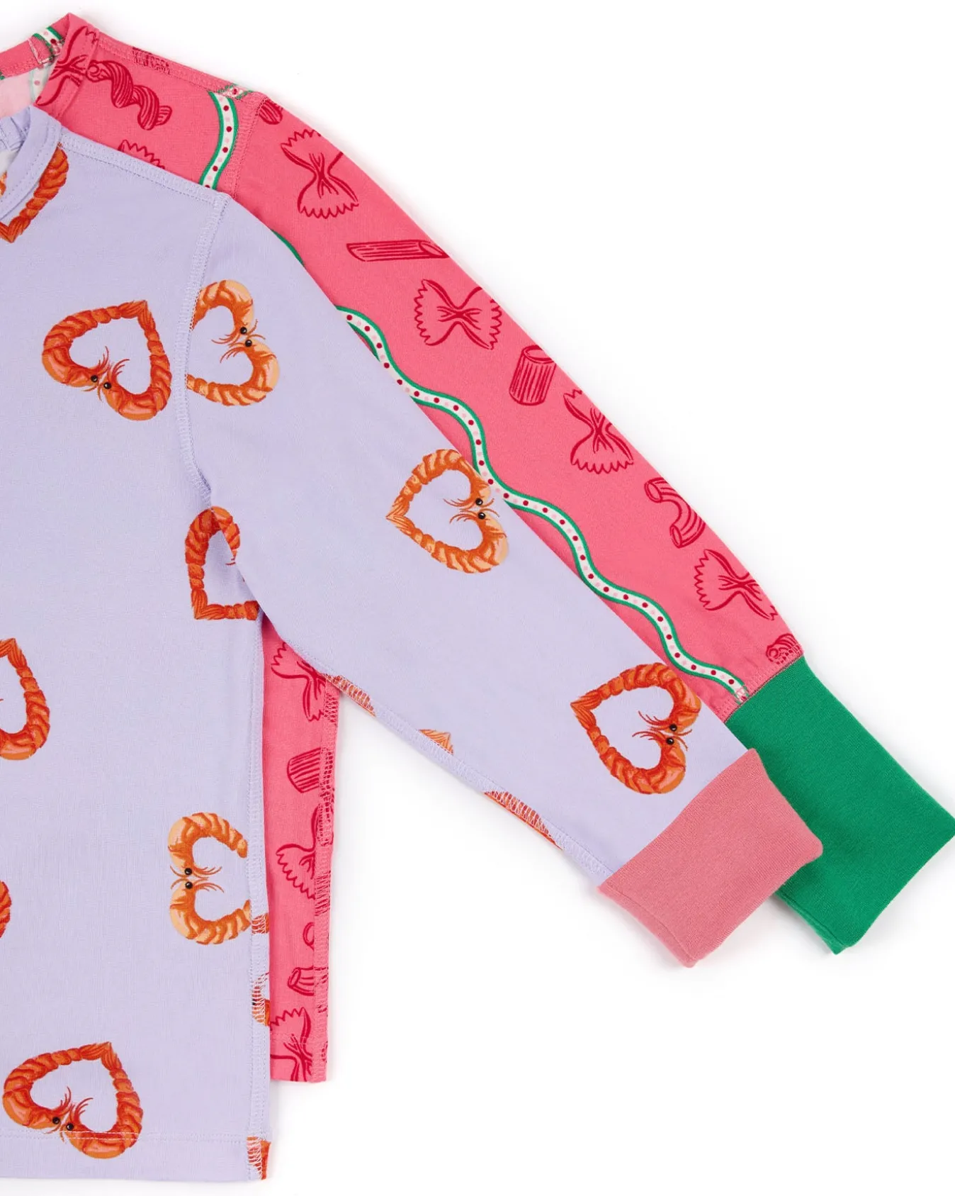 Kids Two Pack Pasta Stripe / Shrimp Heart Print Long Pyjama Sets