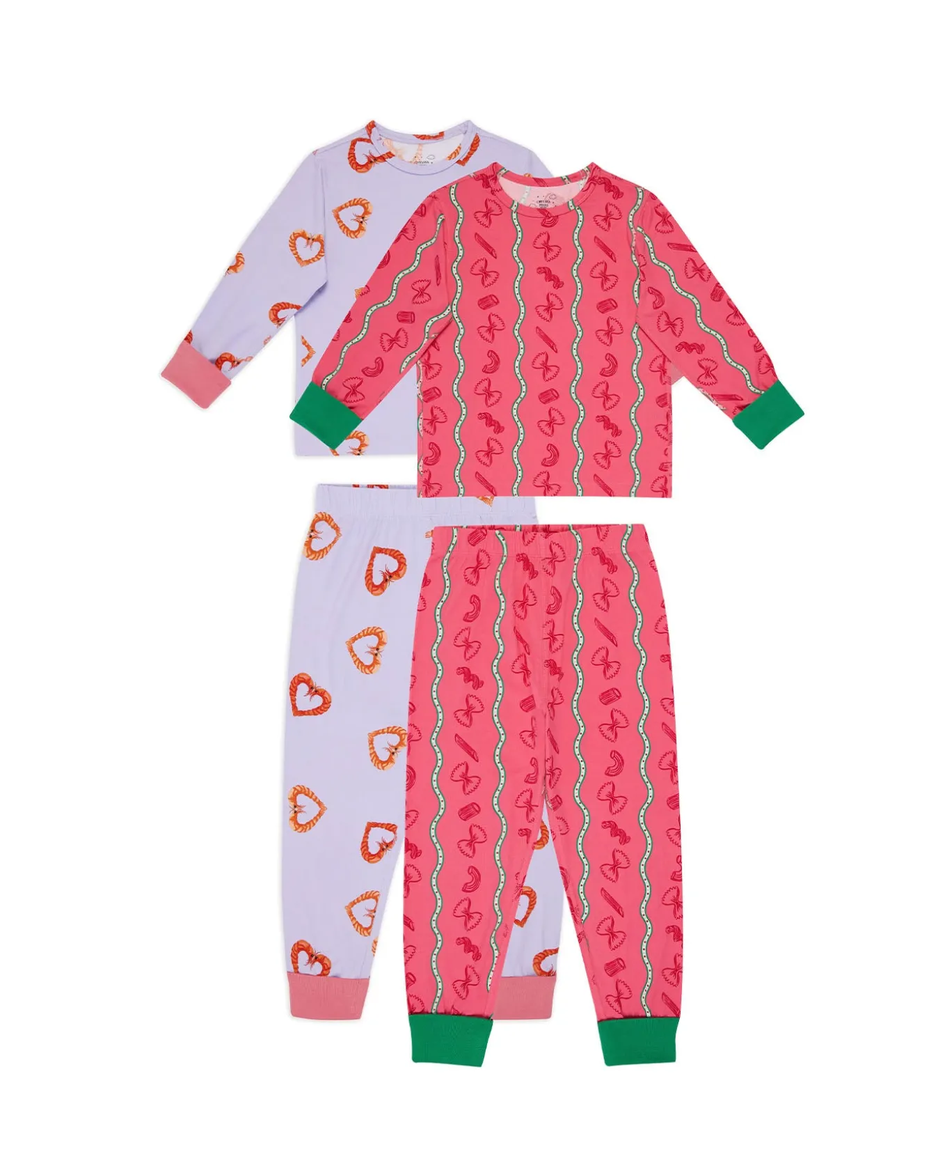 Kids Two Pack Pasta Stripe / Shrimp Heart Print Long Pyjama Sets