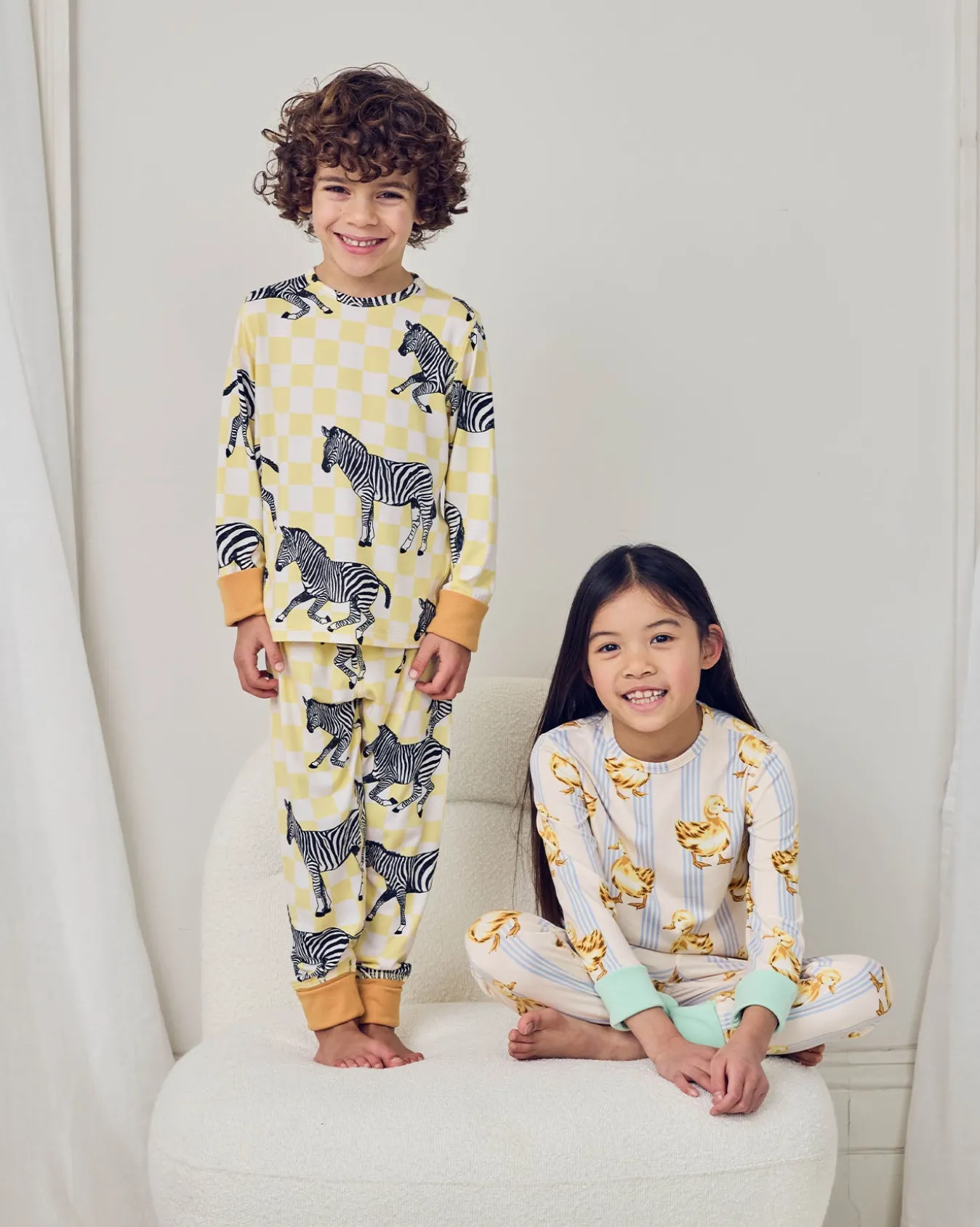 Kids Two Pack Zebra Checkerboard /Fluffy Ducklings Stripe Print Long Pyjama Set