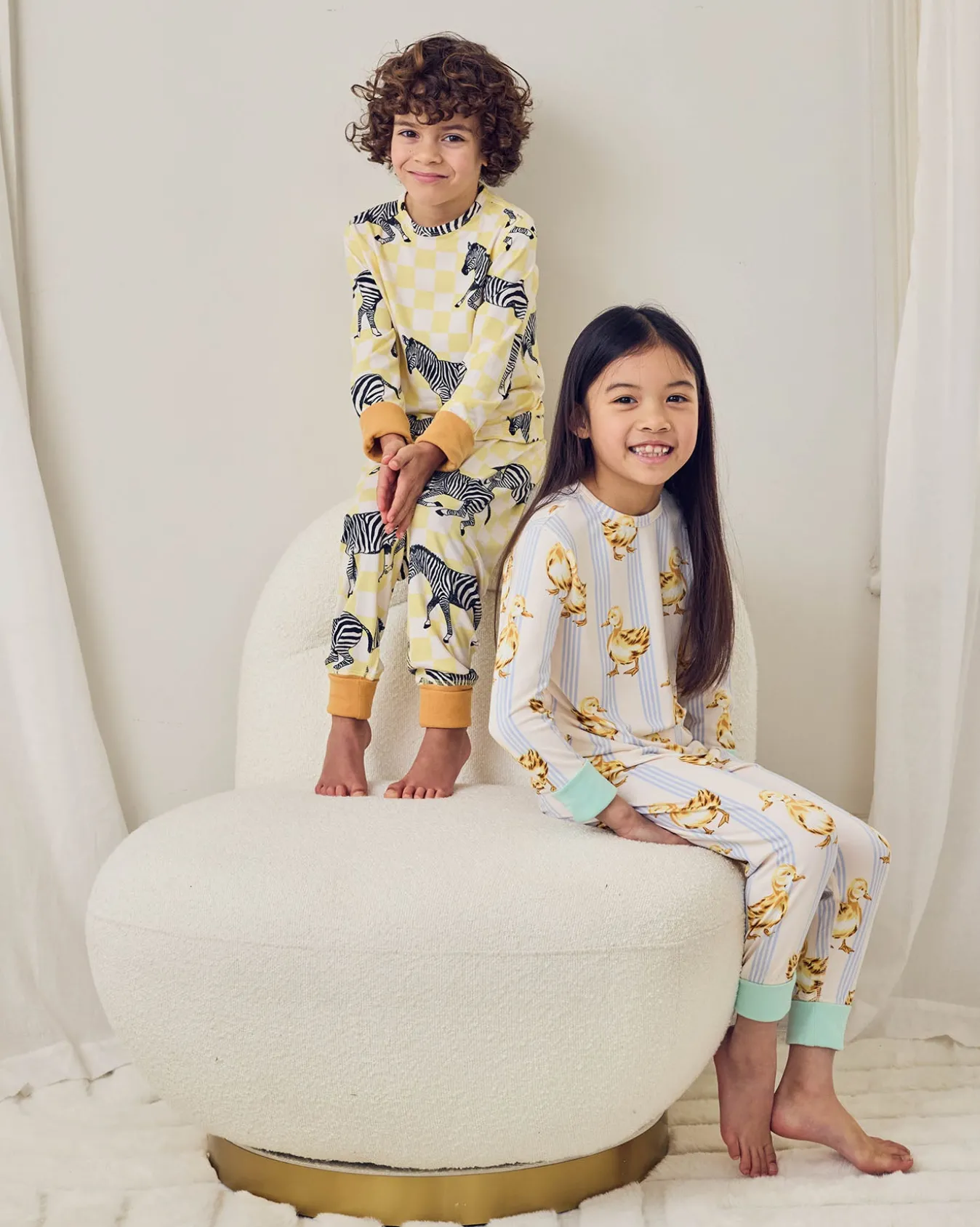 Kids Two Pack Zebra Checkerboard /Fluffy Ducklings Stripe Print Long Pyjama Set