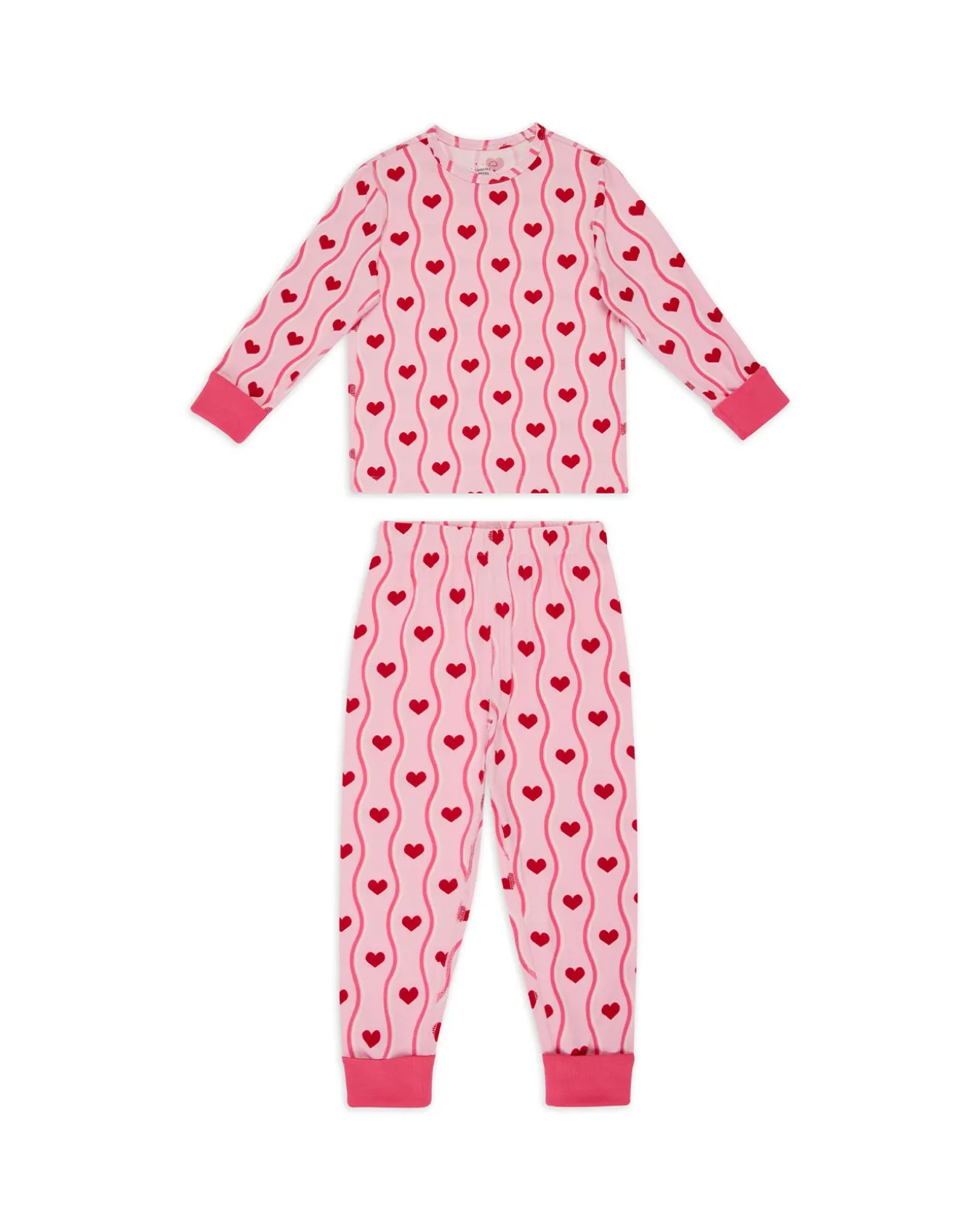 Kids Wavy Stripe Heart Print Long Pyjama Set - Pink