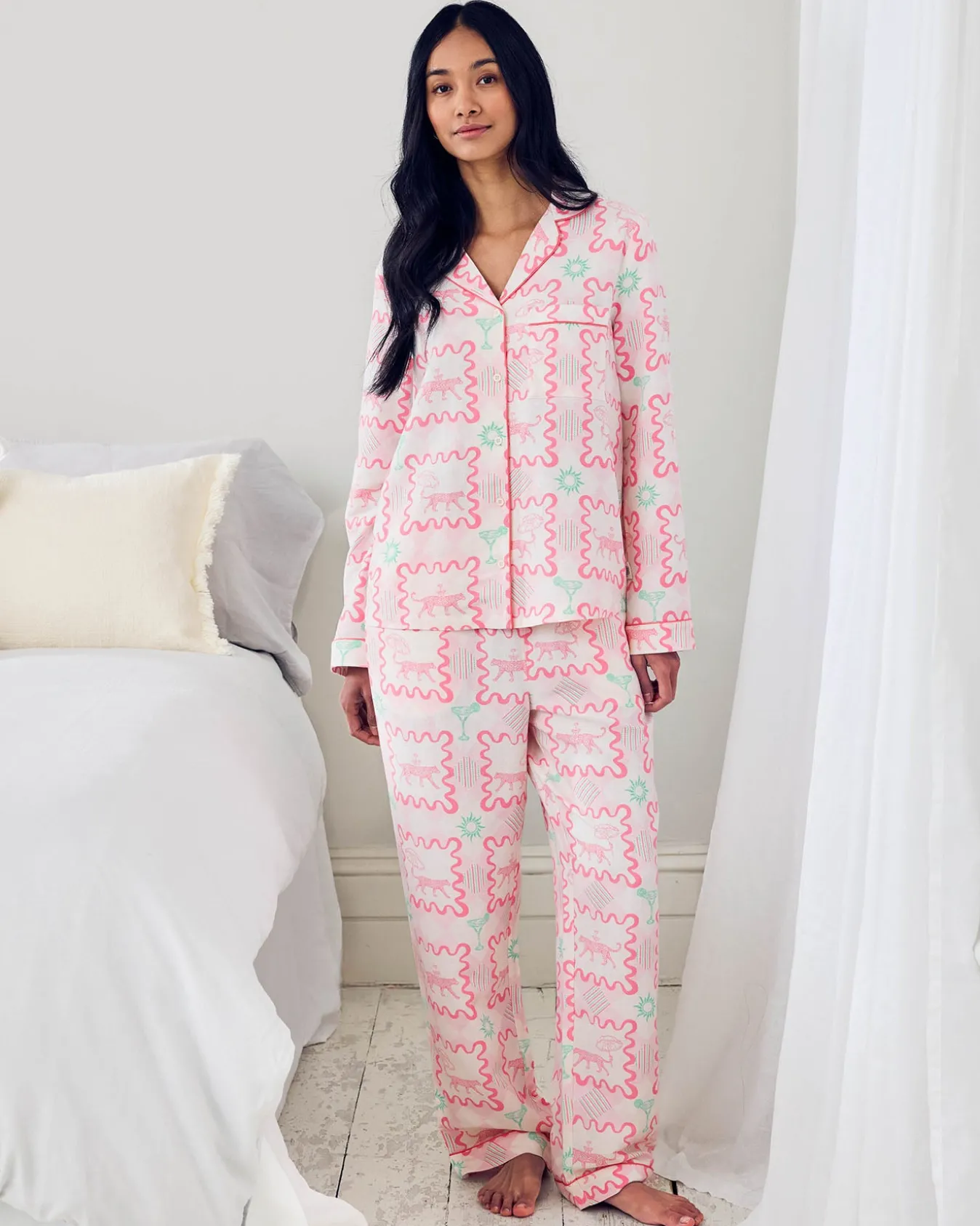 Linen-Blend Cocktail Leopard Geo Print Long Pyjama Set
