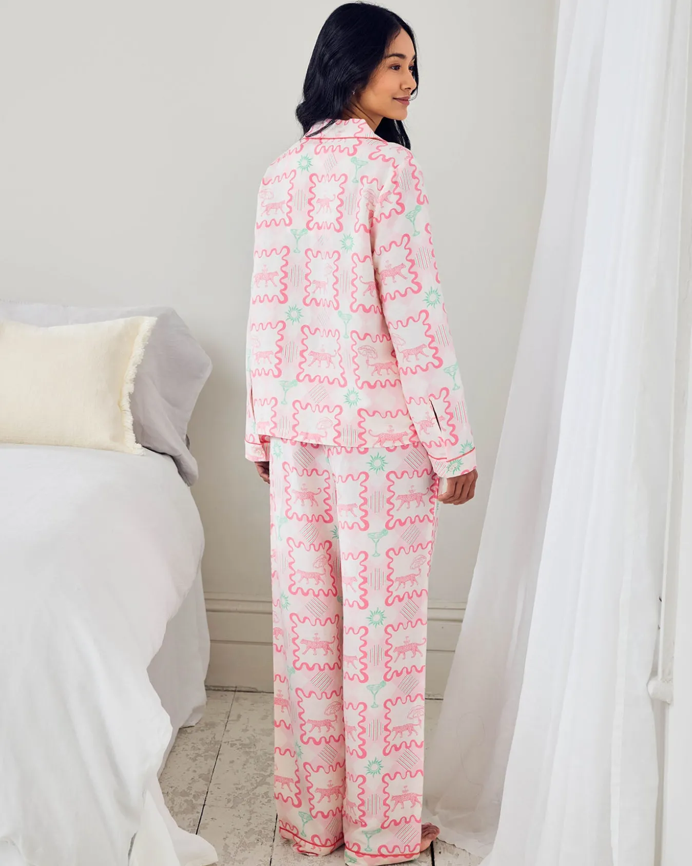 Linen-Blend Cocktail Leopard Geo Print Long Pyjama Set