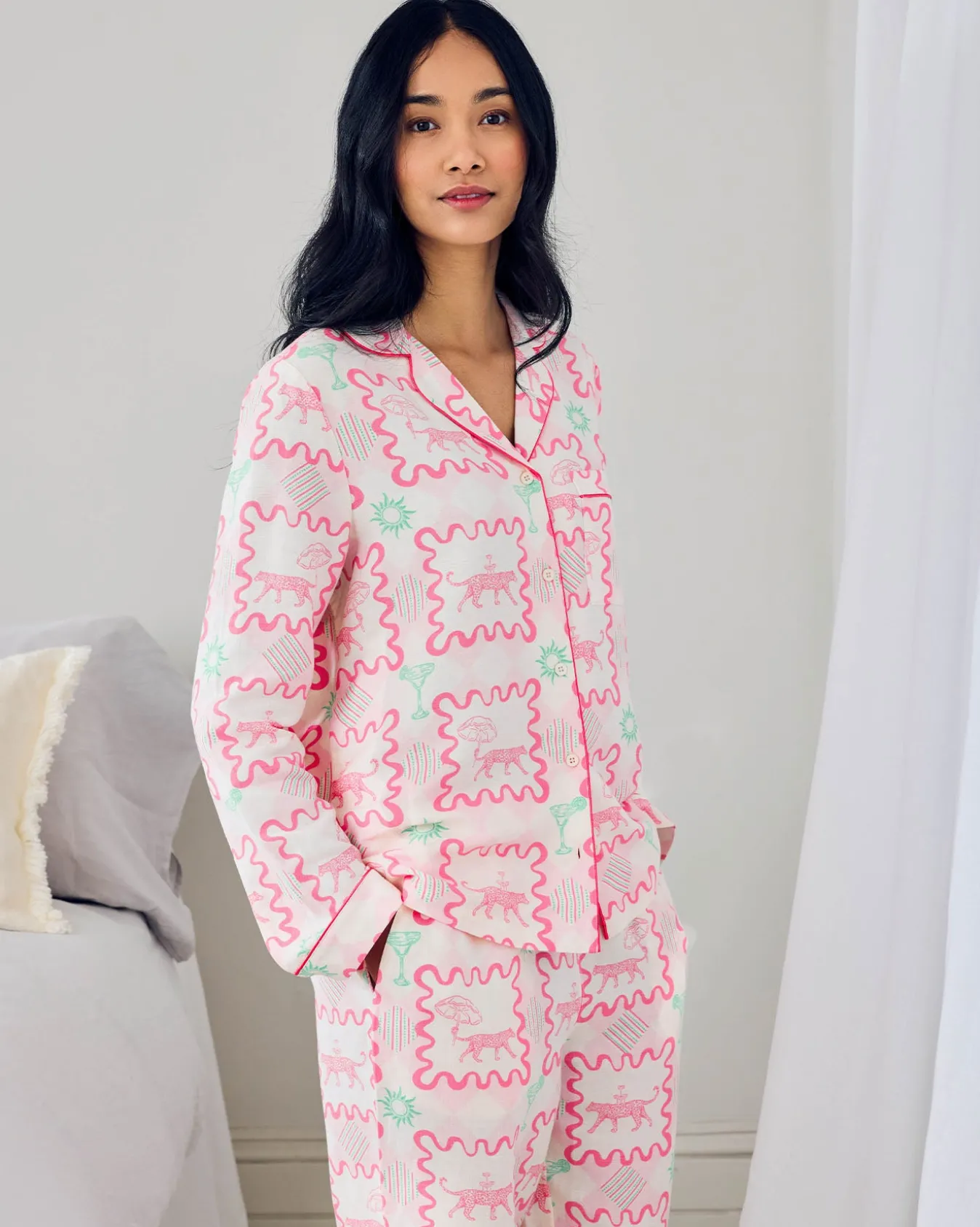 Linen-Blend Cocktail Leopard Geo Print Long Pyjama Set