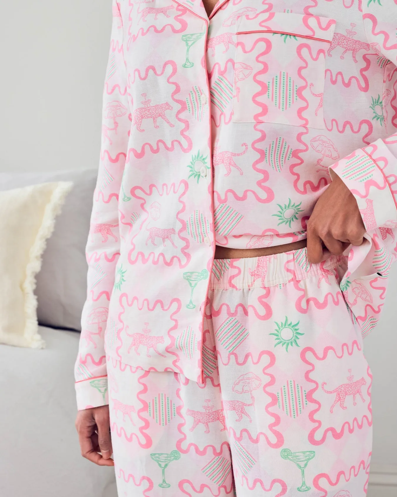 Linen-Blend Cocktail Leopard Geo Print Long Pyjama Set