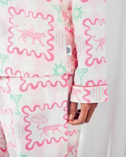 Linen-Blend Cocktail Leopard Geo Print Long Pyjama Set