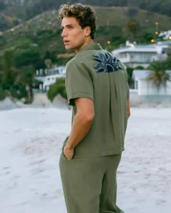 Linen Blend Embroidered Back Short Sleeve Shirt