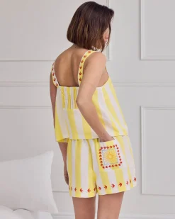 Linen Blend Embroidered Back Stripe Cami Short Pyjama Set