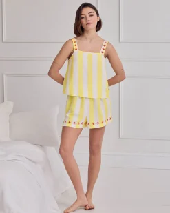 Linen Blend Embroidered Back Stripe Cami Short Pyjama Set