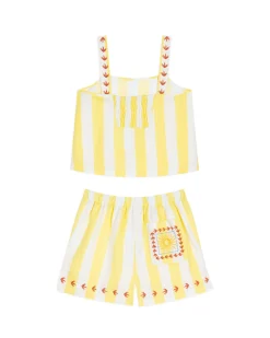 Linen Blend Embroidered Back Stripe Cami Short Pyjama Set
