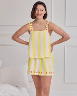 Linen Blend Embroidered Back Stripe Cami Short Pyjama Set