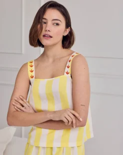 Linen Blend Embroidered Back Stripe Cami Short Pyjama Set