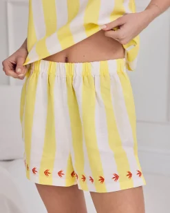 Linen Blend Embroidered Back Stripe Cami Short Pyjama Set