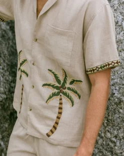 Linen-Blend Embroidered Palm Short Sleeve Shirt